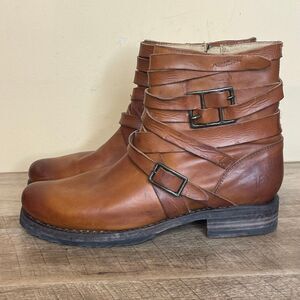 Frye Veronica Multi Strap Women’s Leather Side Zip Short Boots Brown Size 10